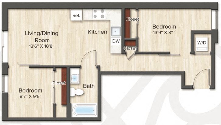 Floor plan for 2 beds, 1 bath, 686 sqft